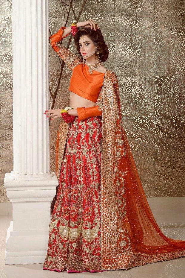 Bridal lahnga in orange with lighter red color with pure dabka nagh zari perls sequence and nagh work Model# W 536