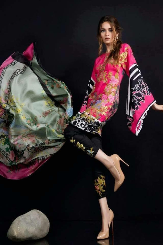 Lawn dress by sana safinaz in black and shokin pink color Model # Eid 513