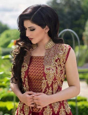 Wedding party dress in maroon and golden color with nagh perls sequence and dabka zari work Model #P 535