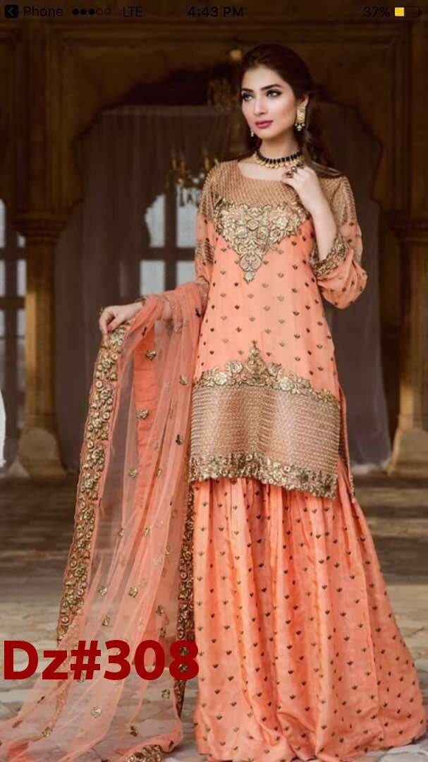 Chiffon dress by emb royal with zari and Dhaka work on peach color Model # Eid 501