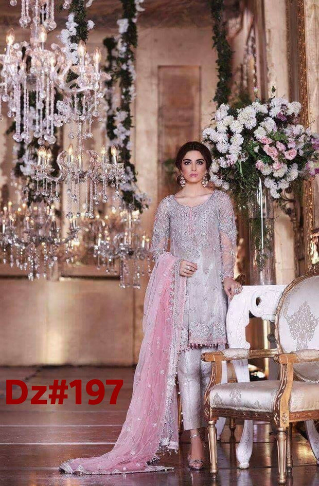 Chiffon dress by Maria b in pink and gray color Model # Eid 507