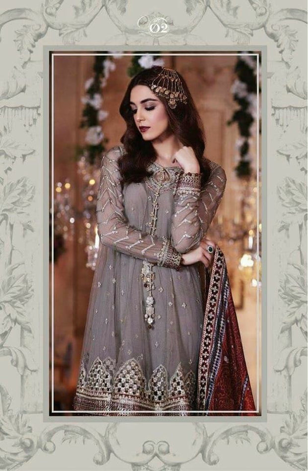 Pakistani Designer Dress Chiffon  by Maria B with Chunri Silk Doupata in Gray and Maroon color Model #Eid 506