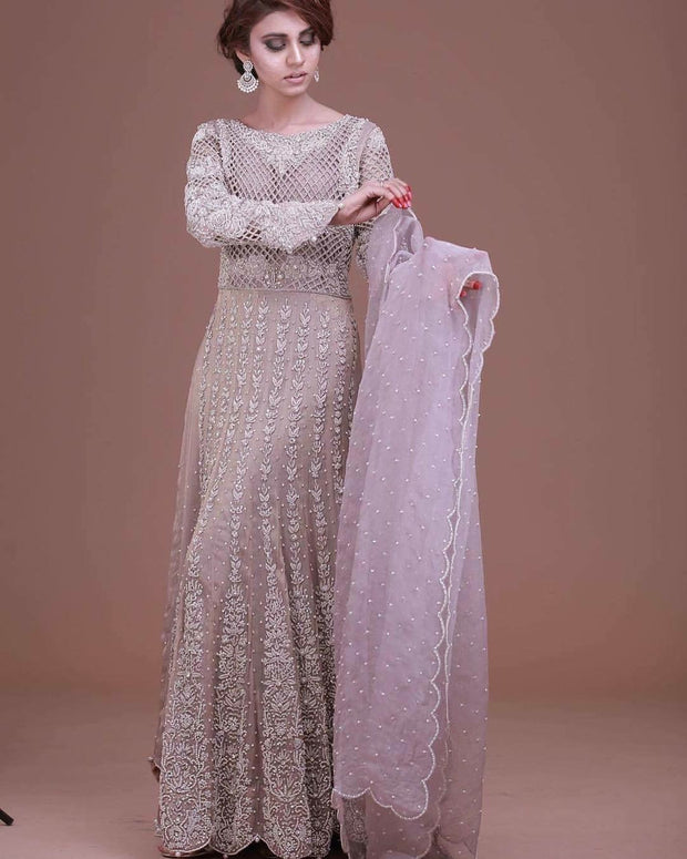 Wedding lahnga in light lilac and dark lilac color with cutwork dabka zari nagh and pearls work Model # W 534