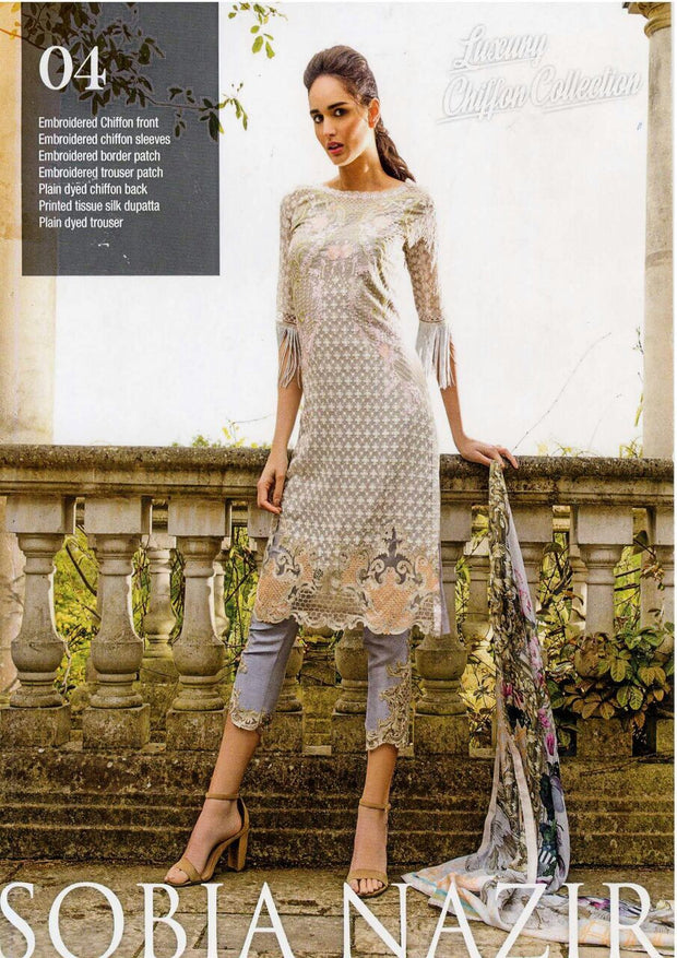 Net dress by sobia nazir with lawn inner in gray color Model#Eid 526