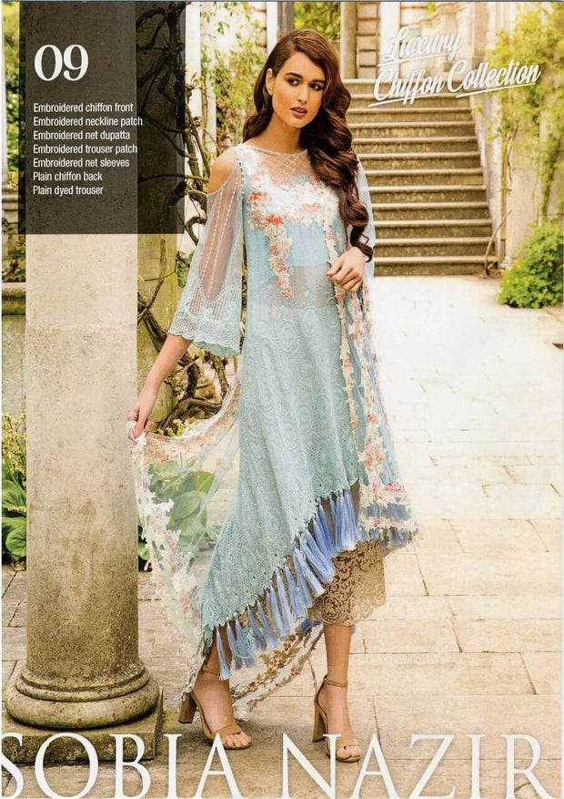 Net dress by sobia nazir with lawn inner in light sky blue color Model #Eid 527