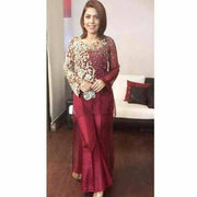 Wedding party dress in hot maroon color with golden dabka sequence pearls and threads work Model #P 533