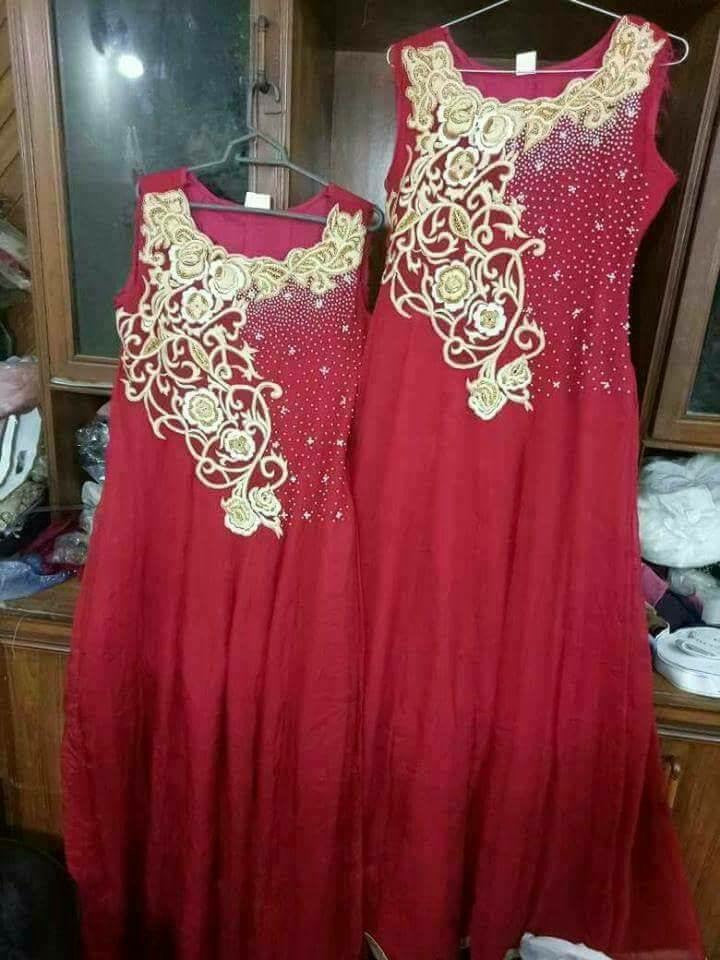 Wedding party dress in hot maroon color with golden dabka sequence pearls and threads work Model #P 533