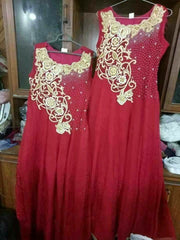 Wedding party dress in hot maroon color with golden dabka sequence pearls and threads work Model #P 533