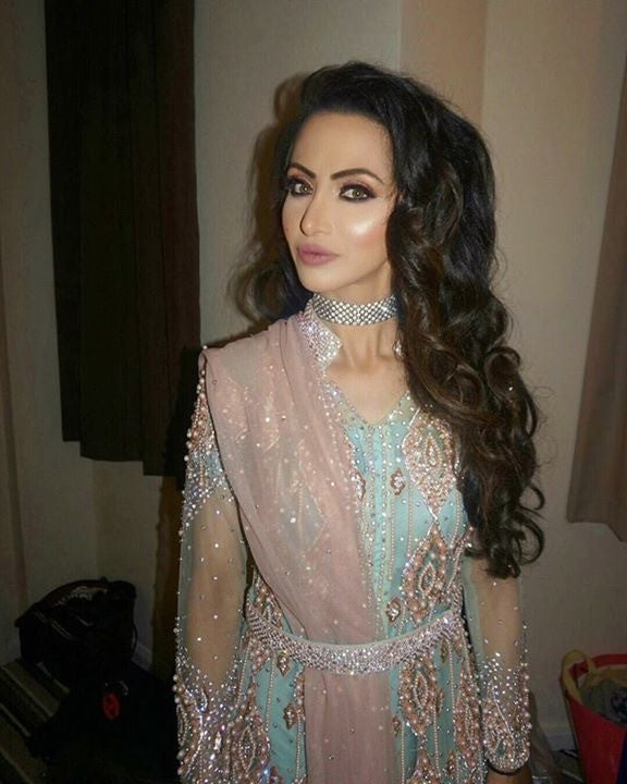 Turquice and pink weding party dress with perls abd dabka work Model#W 48