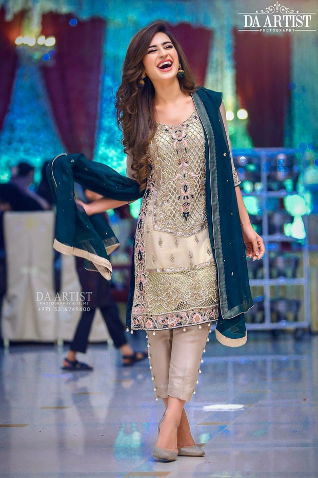 Wedding party dress in dark green and offwhite gray color Model#P 540