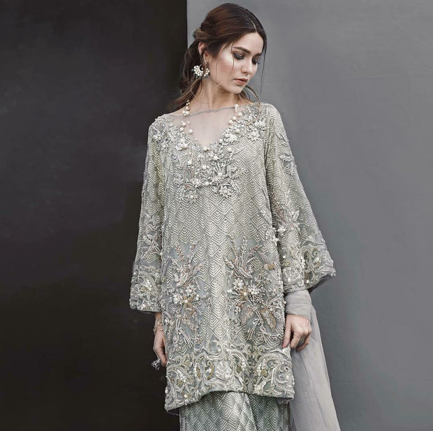 Wedding party dress in gray color with nagh perls and dabka work Model #P 539