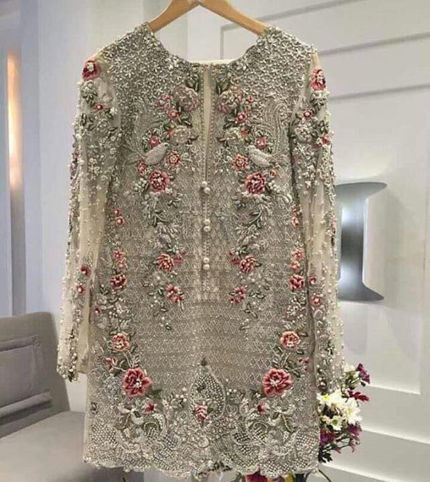 Skin gold wedding party net cloth  dress with dabka threas nagh pearls  work Model#P 18