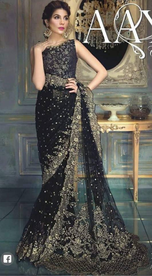 Chiffon net saree by ayra from the house of Maria b in golden black color Model # C 568