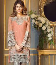 Chiffon dress by Anya in peach pink color with threds cutwork and patch embroidery Model #C 567