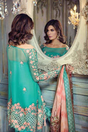 Chiffon dress by ayra from the house of Maria B in aqua green and pink color Model# C 567