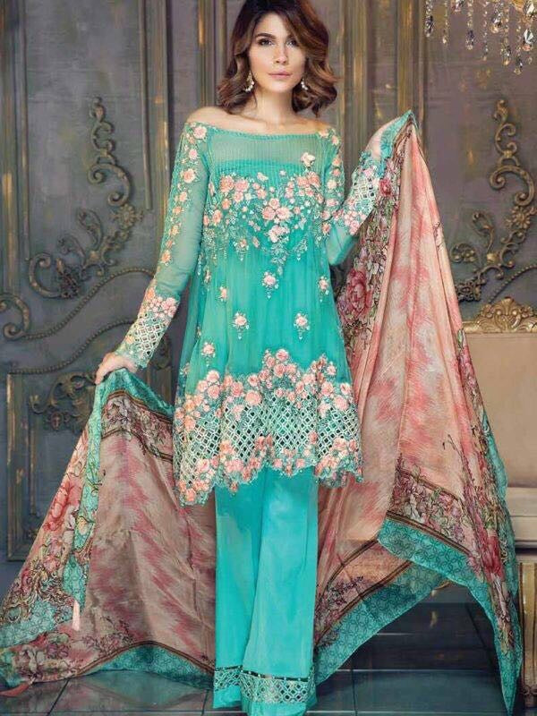 Chiffon dress by ayra from the house of Maria B in aqua green and pink color Model# C 567