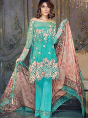 Chiffon dress by ayra from the house of Maria B in aqua green and pink color Model# C 567