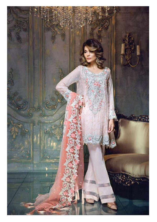 Chiffon dress by ayra from the house of Maria B in peach pink color with silver sequence threads embroidery and cut work Model#C 565