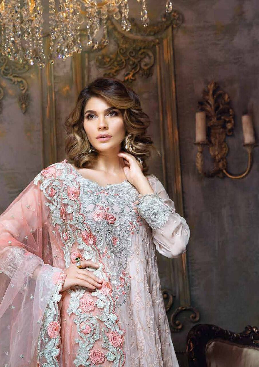Chiffon dress by ayra from the house of Maria B in peach pink color with silver sequence threads embroidery and cut work Model#C 565
