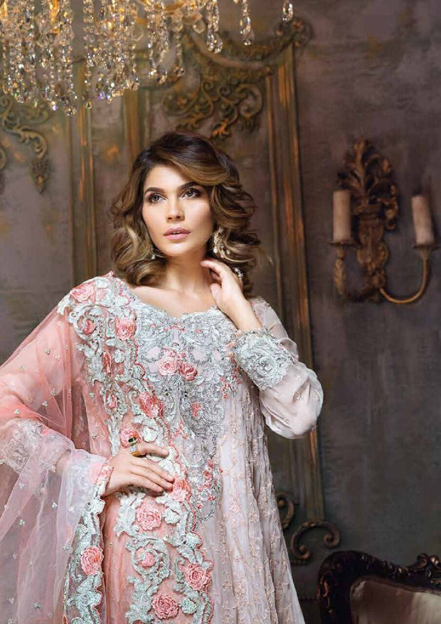 Chiffon dress by ayra from the house of Maria B in peach pink color with silver sequence threads embroidery and cut work Model#C 565