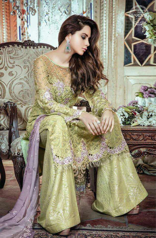Chiffon dress by Maria b with perls threds embroidery cut work and patch work Model#C 564