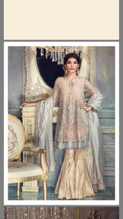 Chiffon dress by ayra from the house of Maria b in peach pink silver and golden color Model#C 566