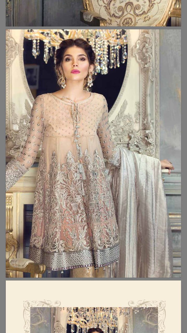 Chiffon dress by ayra from the house of Maria b in peach pink silver and golden color Model#C 566