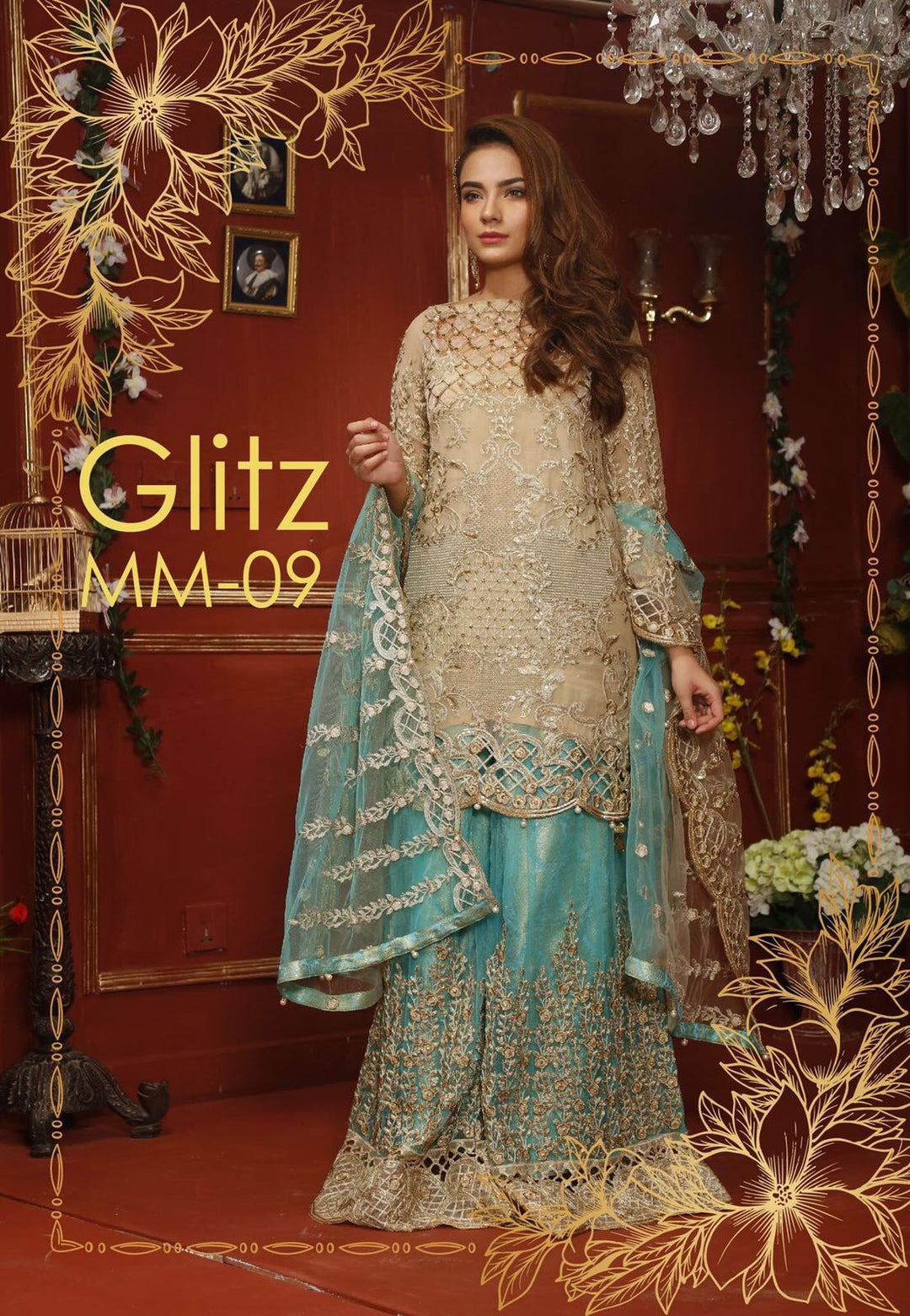 Chiffon dress by Mariam and Myra in skin and ferozee turquoise color Model #C 574