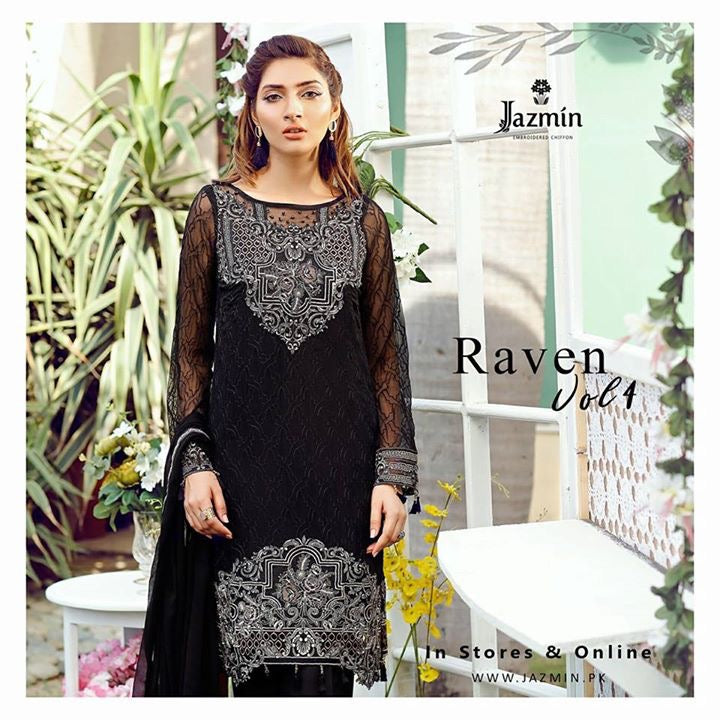 Chiffon dress by jazmin in pure black color with threds and silver tila embroidery Model # C 566