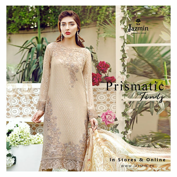 Chiffon dress by jazmin in light tea pink color with threds and tila embroidery Model #C 565