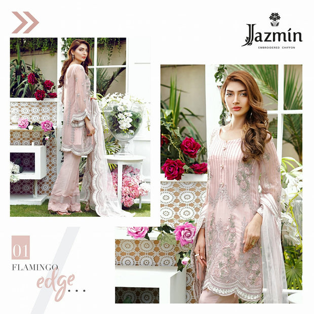 Chiffon dress by jazmin in light pink color with tila and threds embroidery Model# C 562