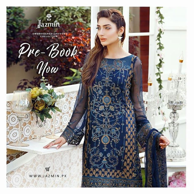 Chiffon dress by jazmin in dark blue color with threds embroidery and patch works Model # C 560