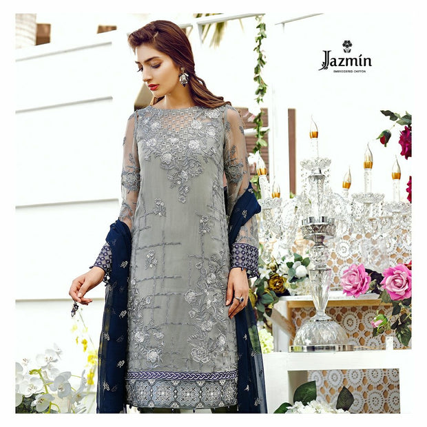 Chiffon dress by jazmin in gray and dark blue color with threds and tila embroidery Model #C 569