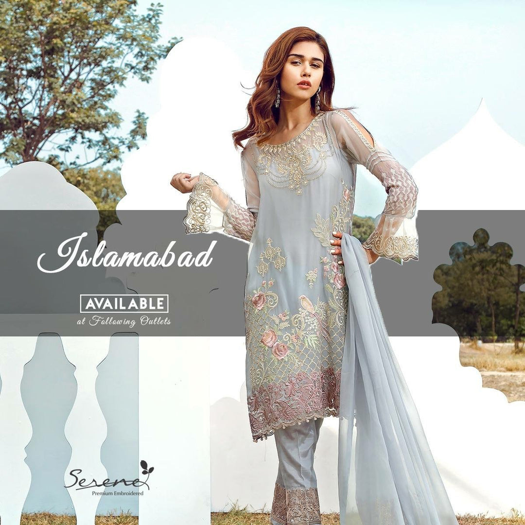Chiffon dress by sareen in light gray color with threds embroidery Model # C 551