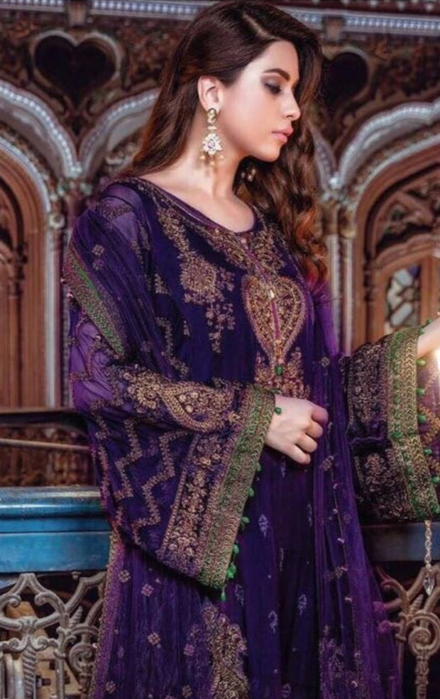 Pakistani Designer Chiffon Dress by Maria B Purple Color Model # C558