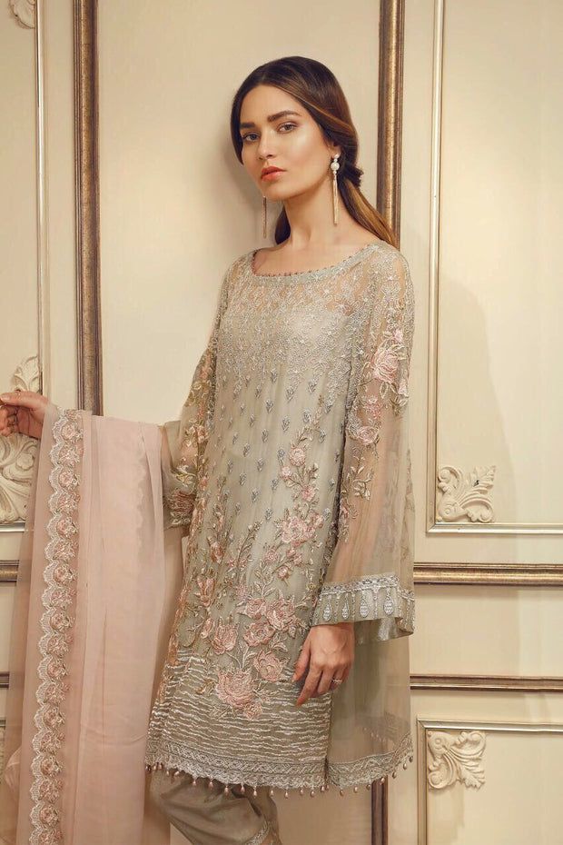 Pakistani designer dress chiffon by chantell jasmine in gray and pink color Model# C 828