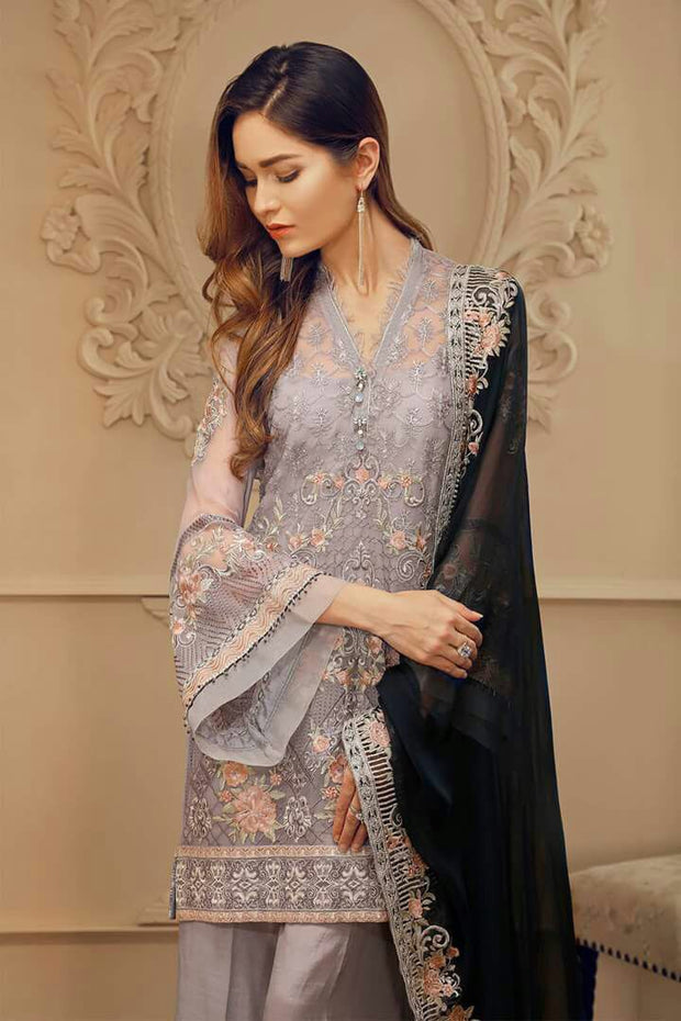 Pakistani designer chiffon dress by chantell jazmine in Gray and dark blue color Model# C 823