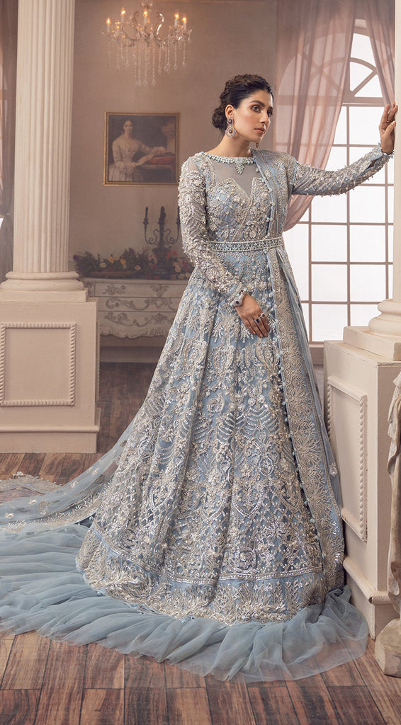 Ice Blue Lehenga Bridal Dress in Gown Style for Walima Wear – Nameera by Farooq