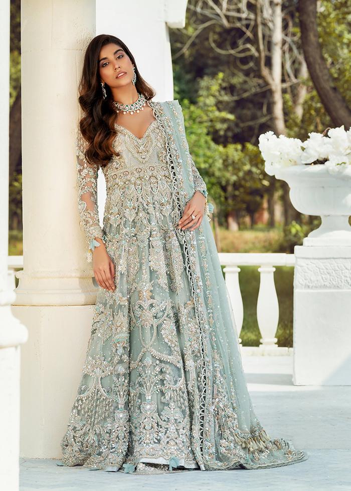 Open Gown Lehenga Blue Pakistani Bridal Dress in Net Fabric LARGE Open Gown Lehenga Blue Pakistani Bridal Dress in Net Fabric LARGE