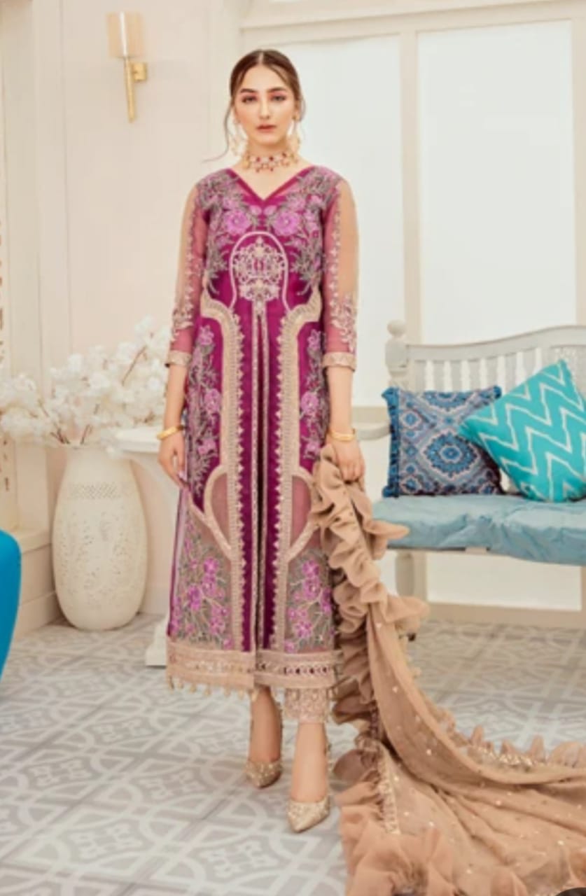 Imrozia Chiffon Dress in Magenta Color 