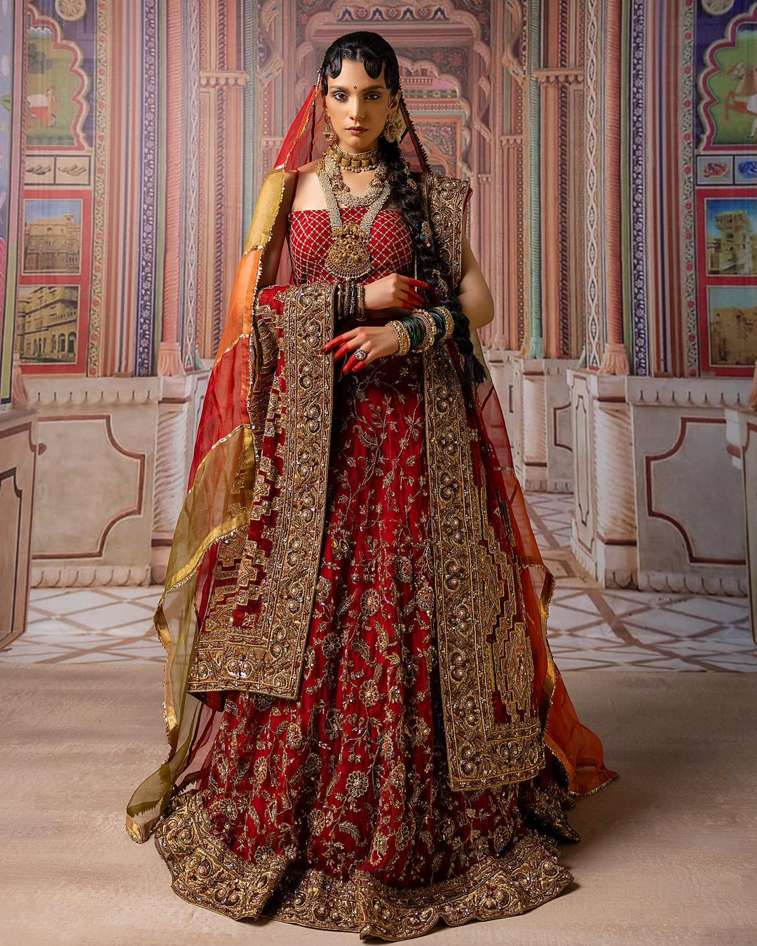 Elegant Red Pakistani Bridal Lehenga with Choli & Dupatta