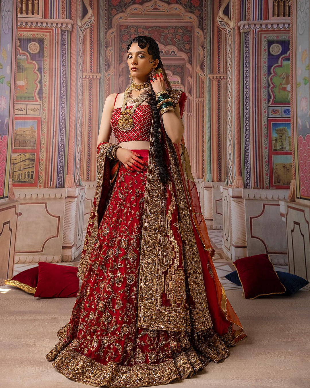 Elegant Red Pakistani Bridal Lehenga with Choli & Dupatta