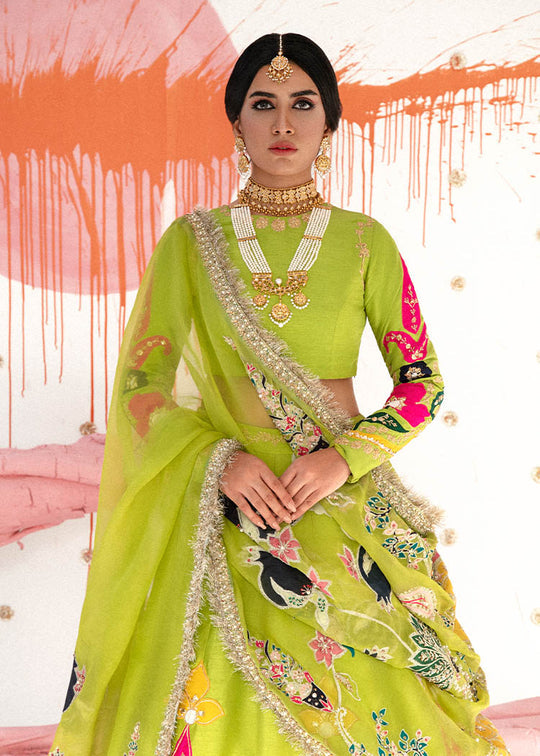 Buy Raw Silk Parrot Green Lehenga Choli for Indian Bridal Wear Nameera by Farooq Buy Raw Silk Parrot Green Lehenga Choli for Indian Bridal Wear Nameera by Farooq