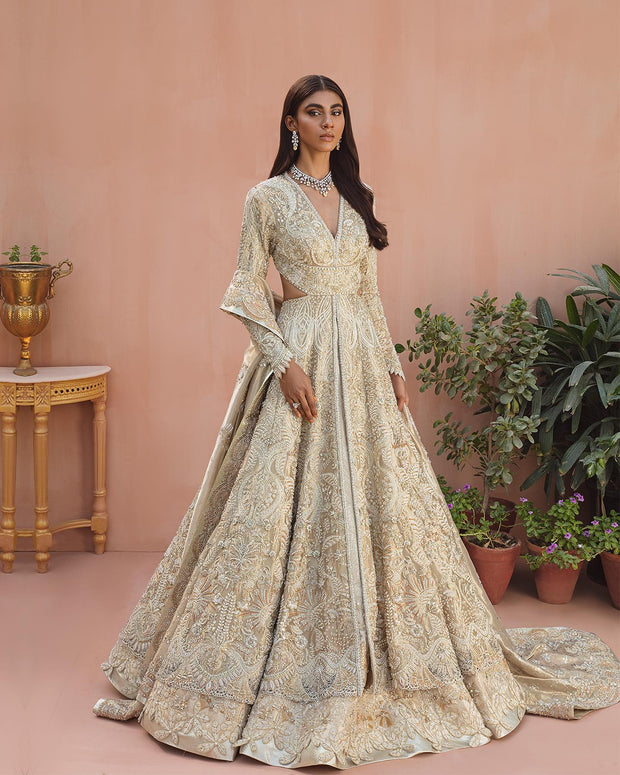 Designer Heavy Indian Ivory Gold Lehenga for Bridal Wear Nameera by Farooq Designer Heavy Indian Ivory Gold Lehenga for Bridal Wear Nameera by Farooq