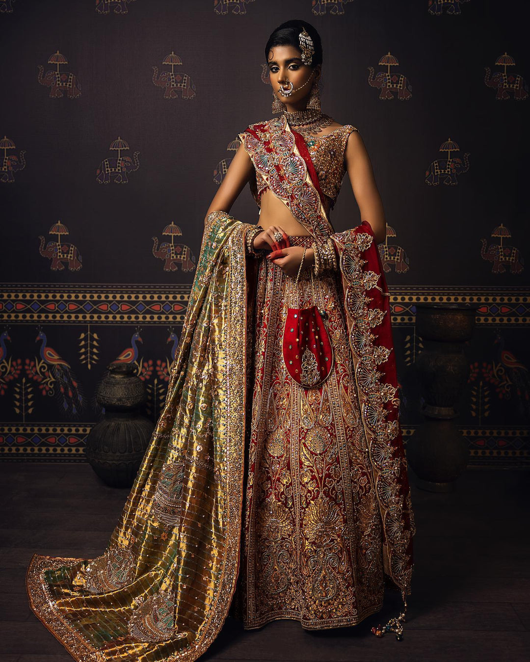 Elegant Indian Red Bridal Lehenga with Choli & Dupatta