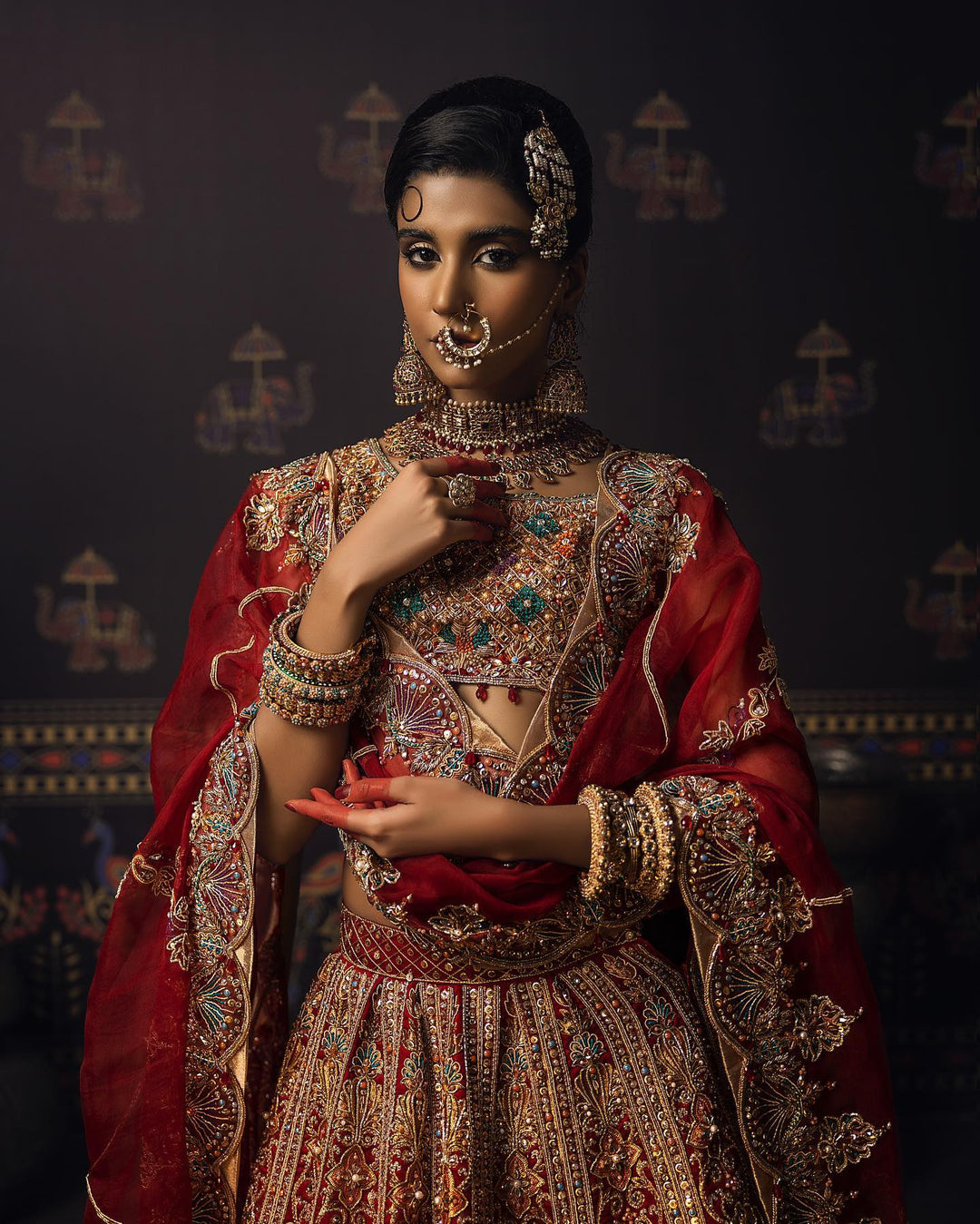 Elegant Indian Red Bridal Lehenga with Choli & Dupatta