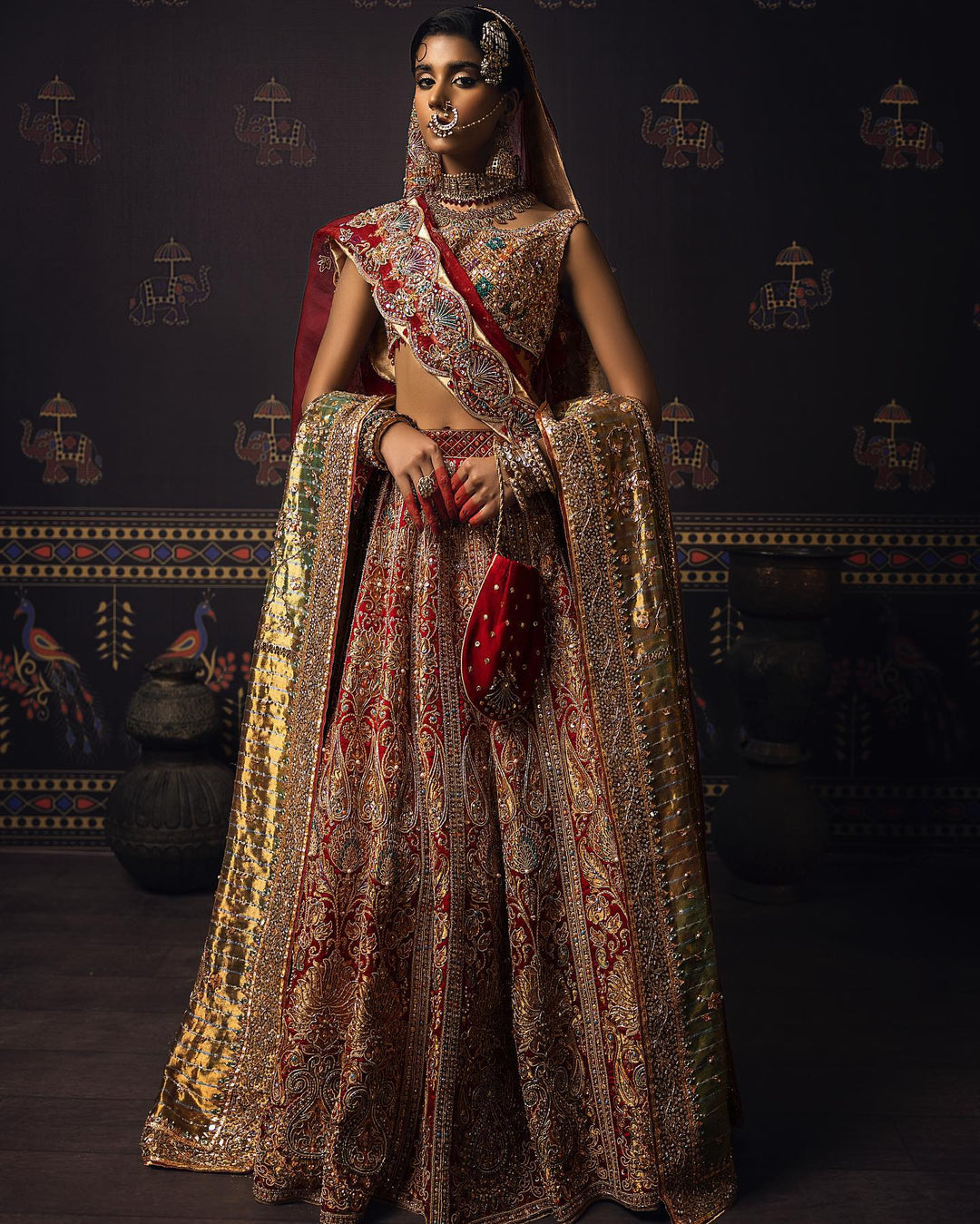 Elegant Indian Red Bridal Lehenga with Choli & Dupatta