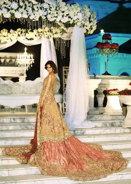 Latest Indian bridal gown dress embroidered in pink and gold color # B3380
