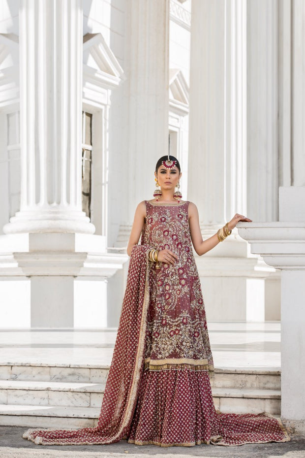 Beautiful embroidered Indian bridal outfit in reddish maroon color # B3345