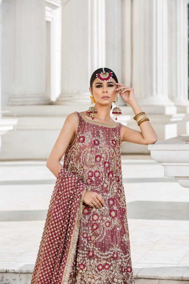 Beautiful embroidered Indian bridal outfit in reddish maroon color # B3345